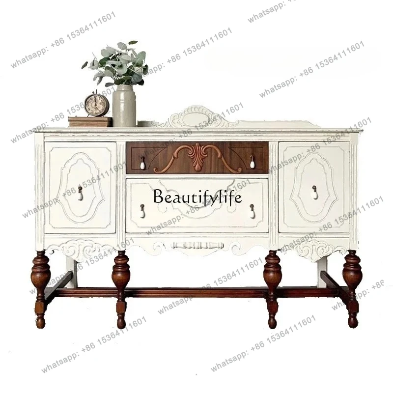 

French retro old dining side cabinet solid wood carving flower foyer porch cabinet corridor wall locker