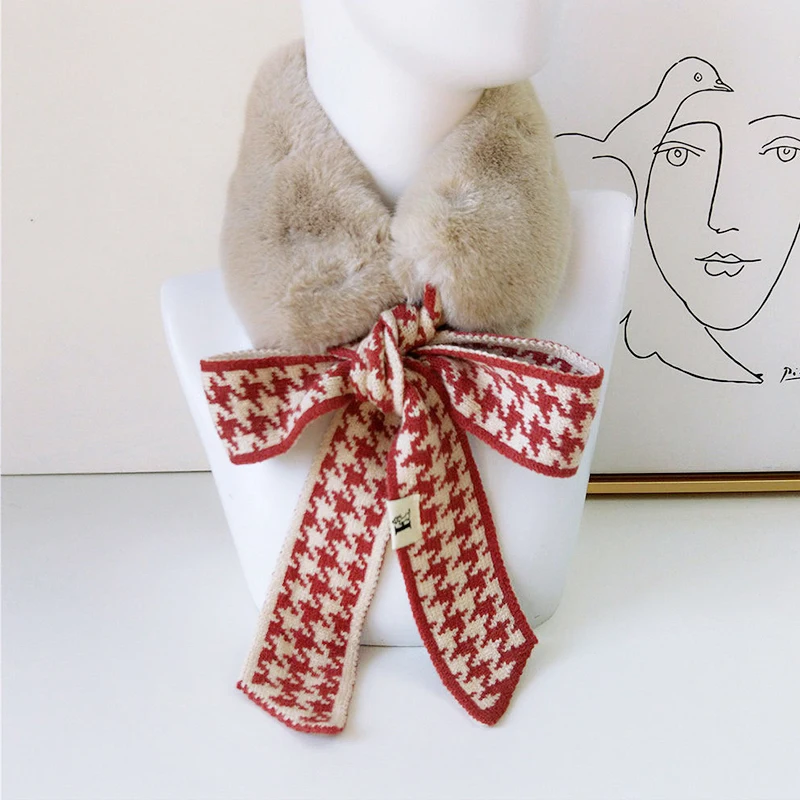 Women Winter Soft Warm Thick Fluffy Faux Fur Collar Long Narrow Knitted Houndstooth Skinny Scarf Neckerchief