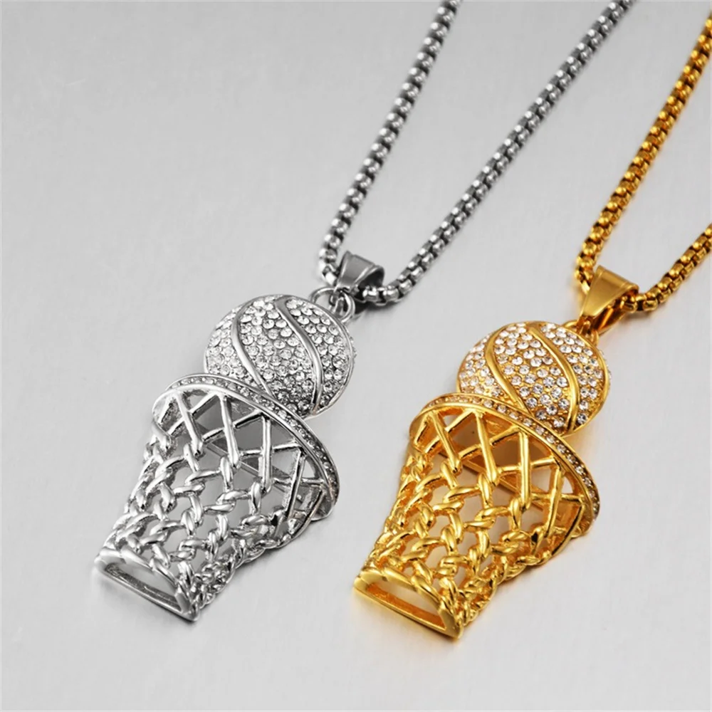 Hip Hop Iced Out Bling Basketball Frame Pendnat Male Gold Silver Color Stainless Steel Sports Necklace For Men Jewelry Gift 2025