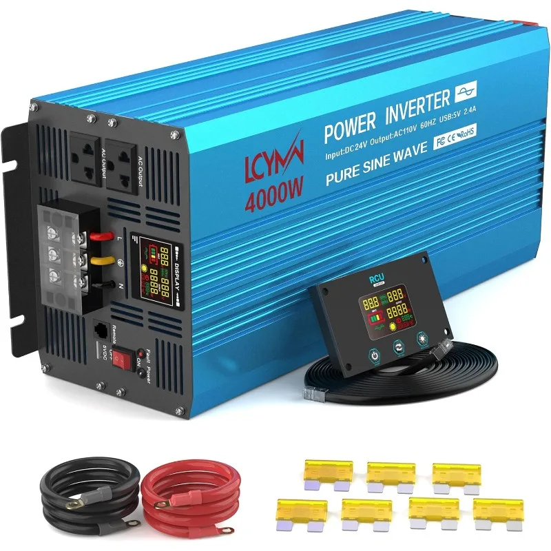 4000 Watt Pure Sine Wave Power Inverter DC 12V to 110/120V AC with 2 AC Charger Outlets and Wiring Terminal 8000W Peak Car