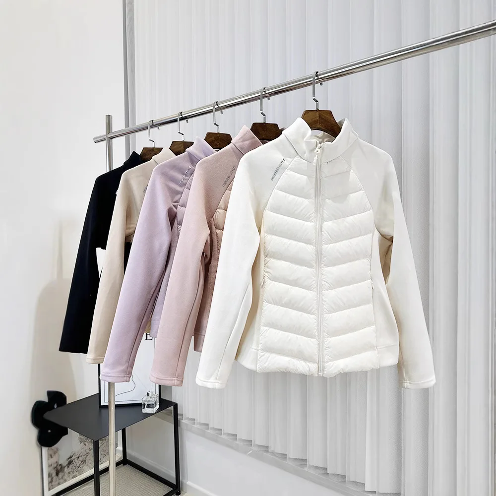 Autumn/Winter 90 White Duck Down Jacket Lightweight Outdoor Sports Yoga Wear Women's Spliced Stand Collar Short Jacket