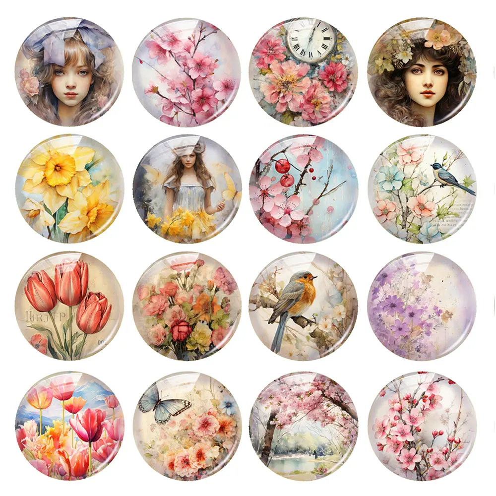 Random Mixed Round/Oval/Square Flower Girl Spring Photo Glass Cabochon Flatback Demo Cameo For Diy Jewelry Making Handmade