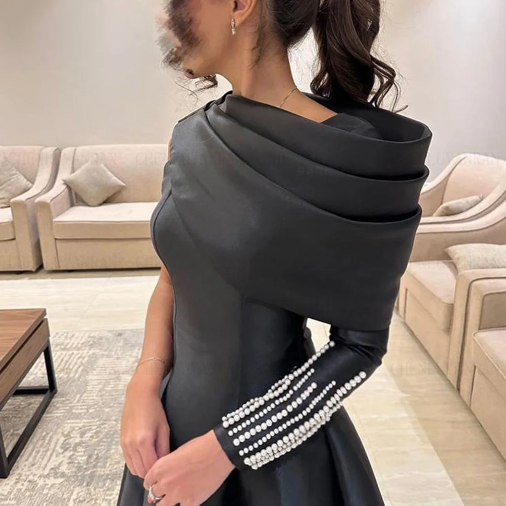 Long Satin Formal Occasion Dresses 2024 O-Neck A-line Elegant Ball Gowns Bead Pearls Simple Evening Party Gowns فساتين الحفلات