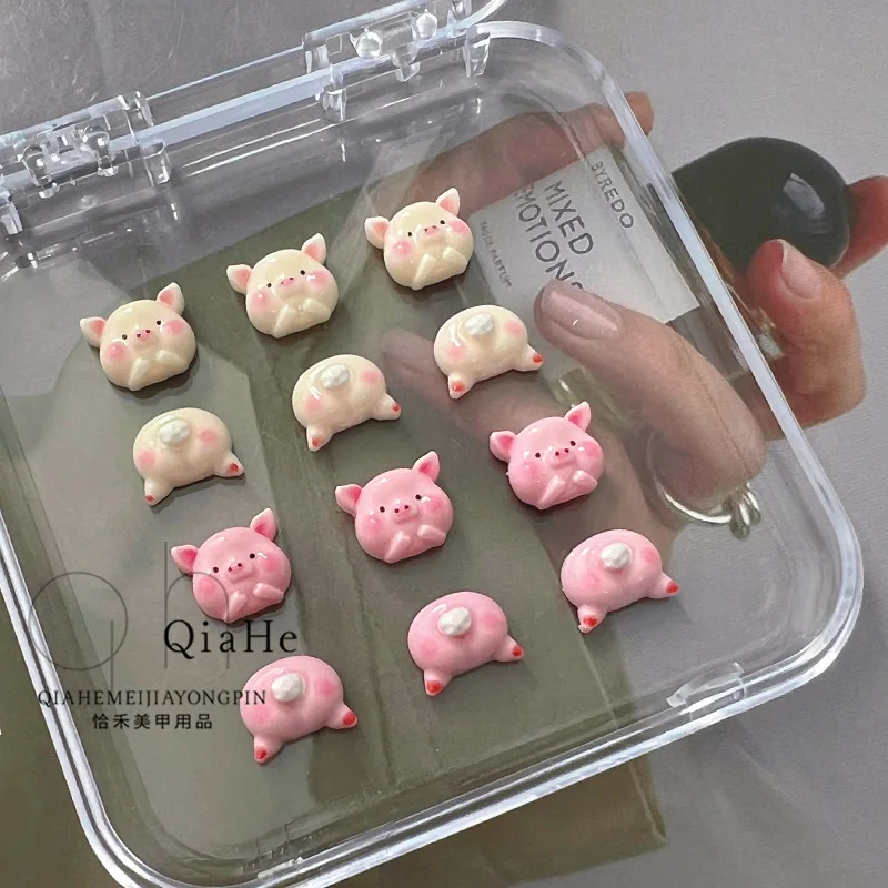 10pcs miniso white pink pig head cartoon nail charms for diy nail making kawaii cute resin nail art decoreation