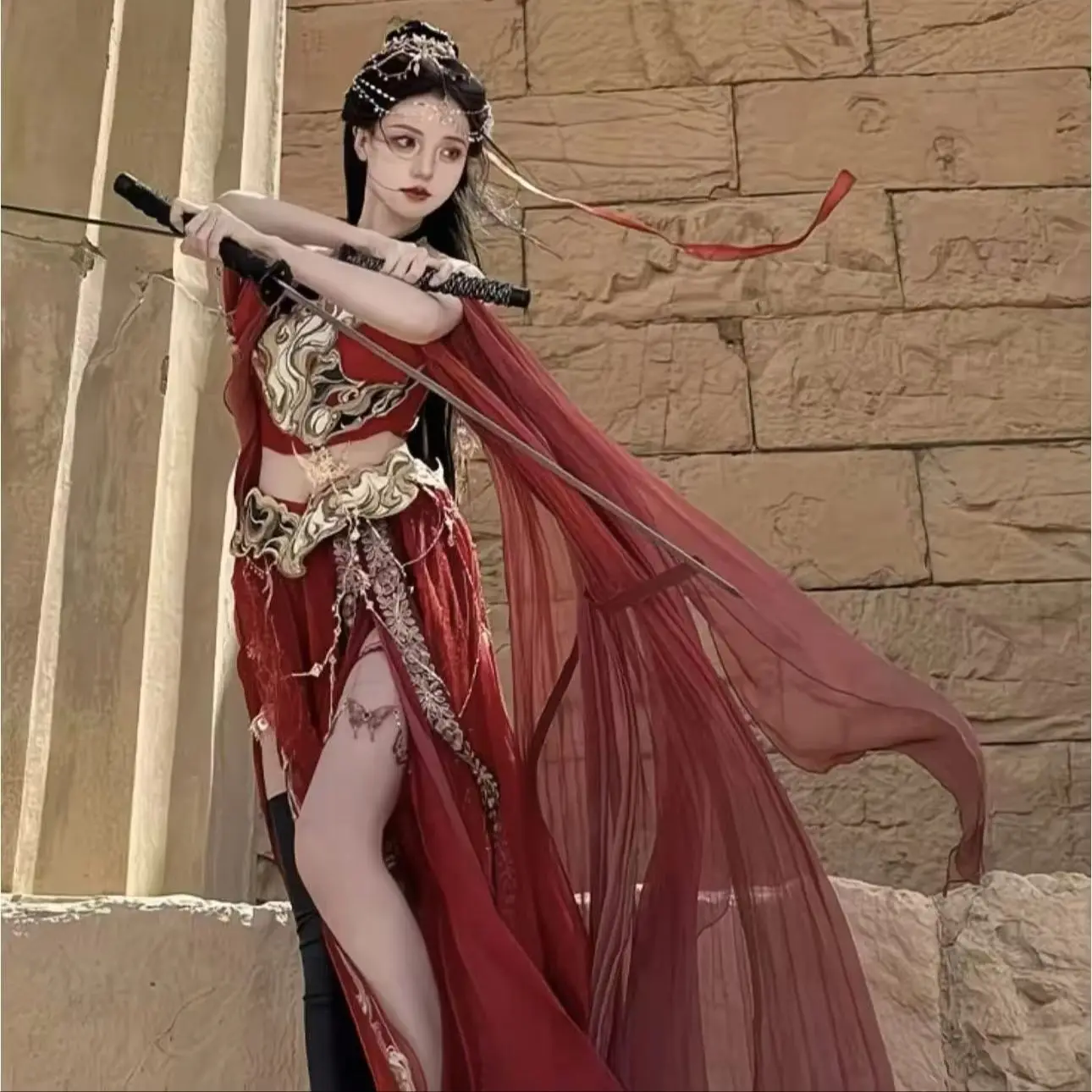 Exotische Godin Dunhuang Red Fire Festival Arabische Prinses Kostuums voor Cosplay Party Halloween Indiase Buikdans Jurk Hanfu - afbeelding 2