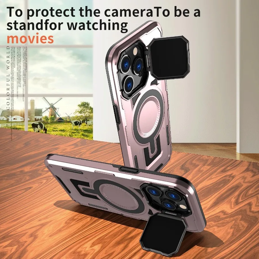 아이폰 15 프로 6.1인치용 마그네틱 폰 케이스 (카메라 커버 및 내장형 킥스탠드 포함, 군사 등급 보호 기능, 호환 가능)
