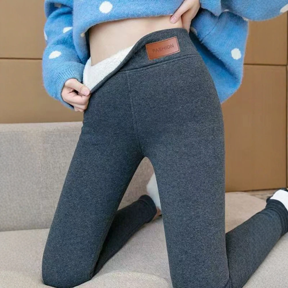 Damskie legginsy z wysokim stanem, dopasowane do kostek, koreańskie, codzienne, jednokolorowe, z naszywkami, ocieplane polarem, jesienno-zimowe, codzienne legginsy.