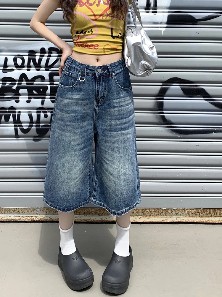 Retro-gewaschene Vintage-Jeans mit weitem Bein, 2025, Sommerfrauen, neue hohe Taille, schlankmachende, vielseitige, lockere Mode, fünf kurze Hosen