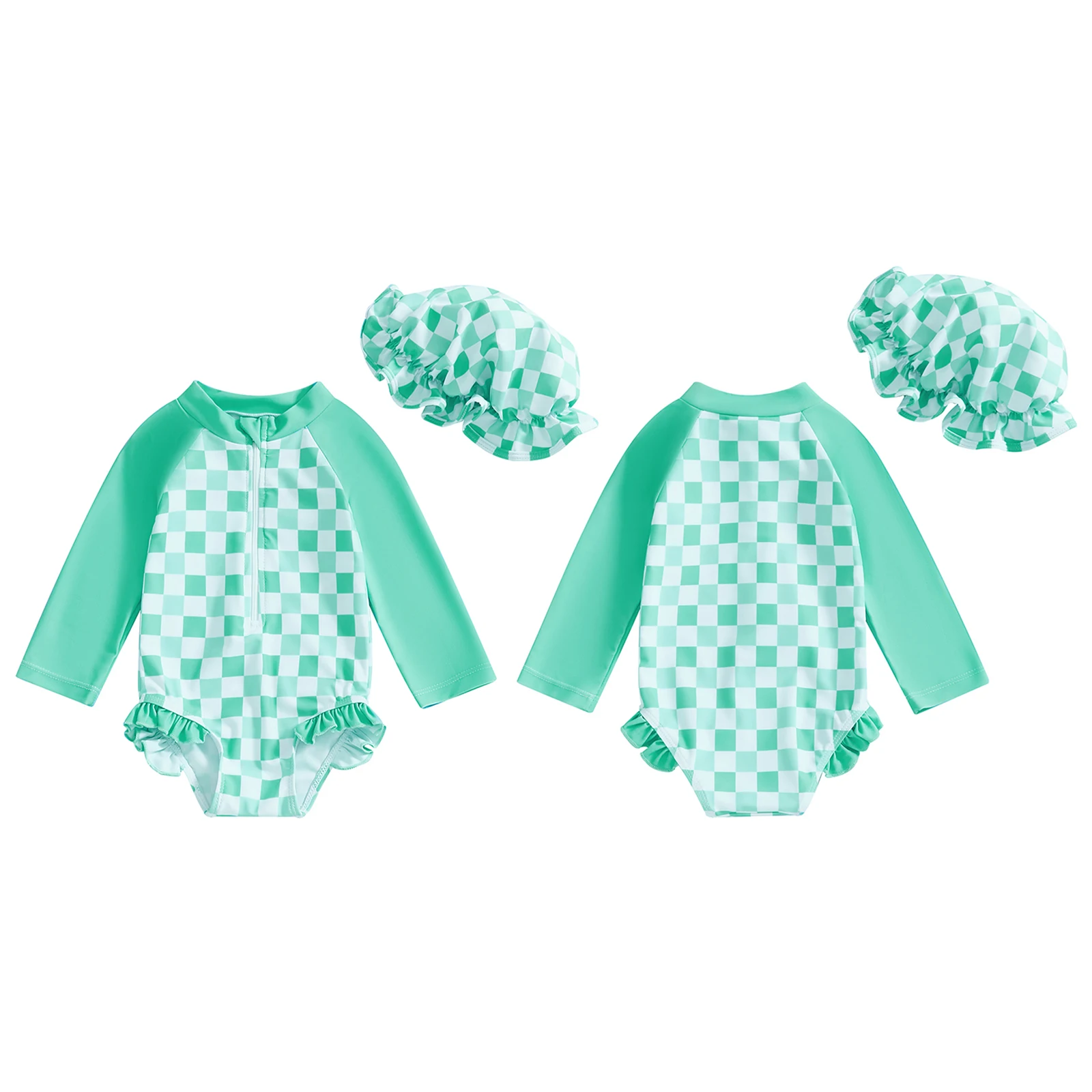 2025 New Toddler Baby Girl Rash Guard Swimsuit Long Sleeve Checkered Print Bathing Suit Infant Swimwear with Sun Hat