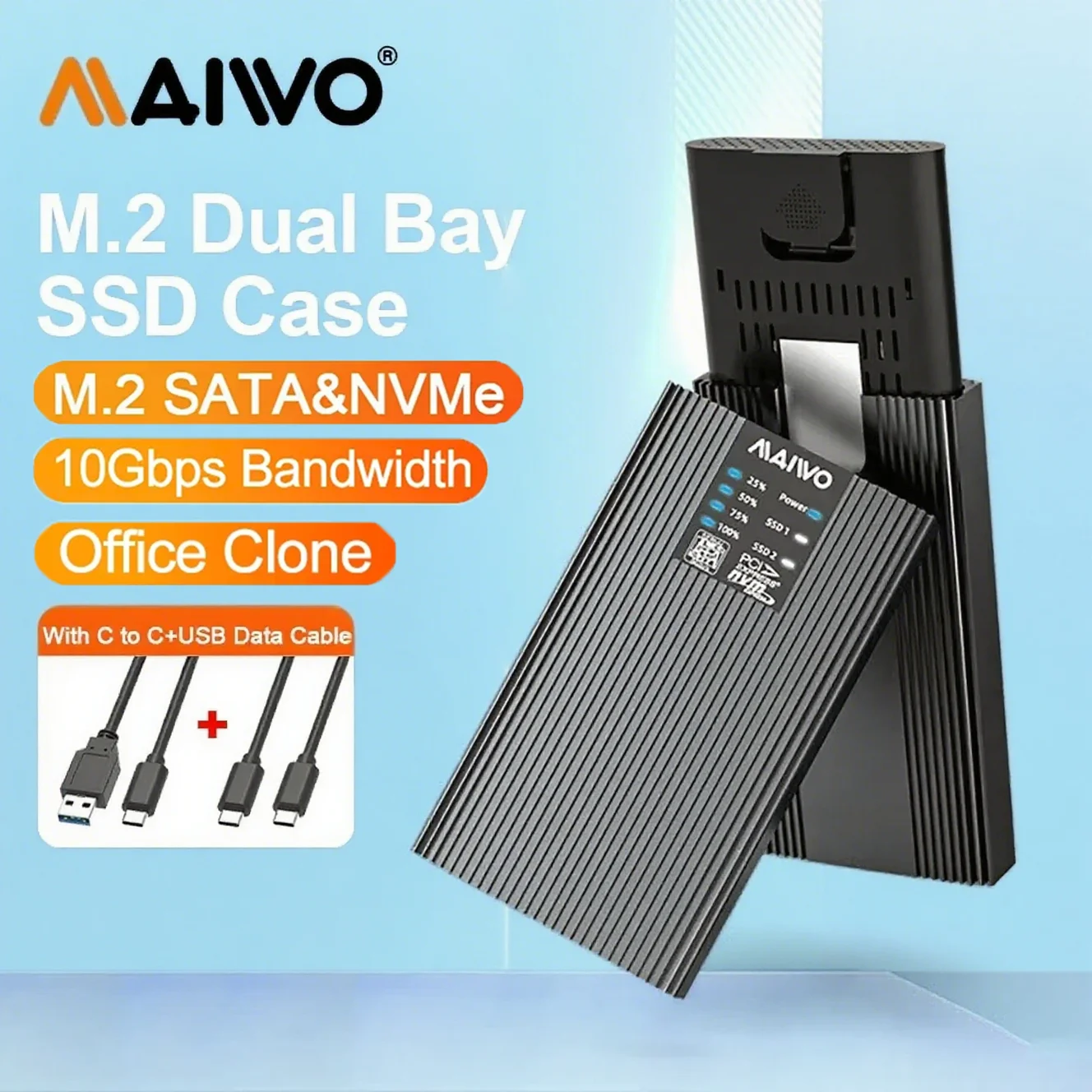 MAIWO ออฟไลน์ Clone Dual Bay 10Gbps M.2 SATA NVMe SSD Enclosure AHCI โปรโตคอล USB3.1 Tybe-C Gen2 SSD กรณี M2 ฮาร์ดไดรฟ์กล่อง
