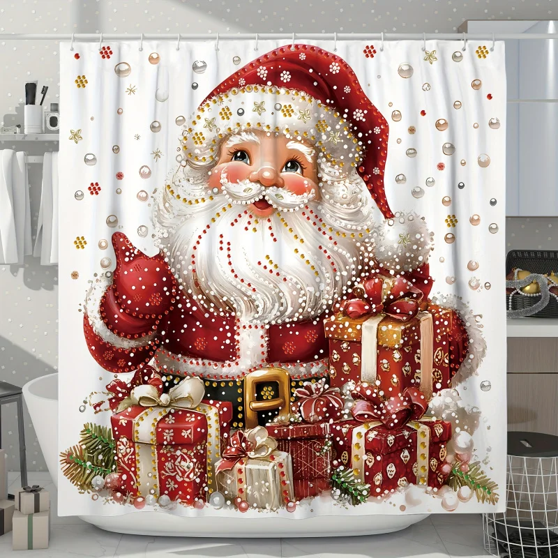 Festive Christmas Set: Santa Claus Gift Wrapped Shower Curtain, Non-Slip Bath Mat, U-Shaped Toilet Lid Cover, And