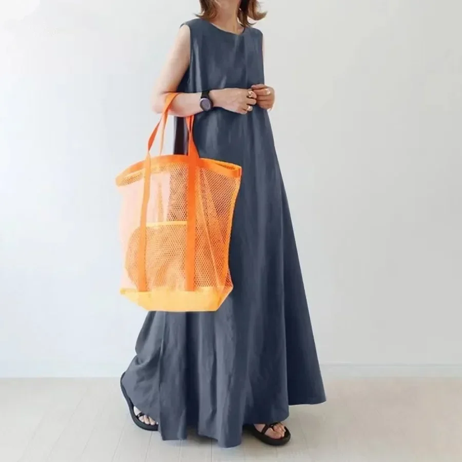 New 2024 Women's Summer Loose Long Maxi Dresses O-neck Solid Korean Style Pleated Dress Streetwear Women Elegant Robe Clothing