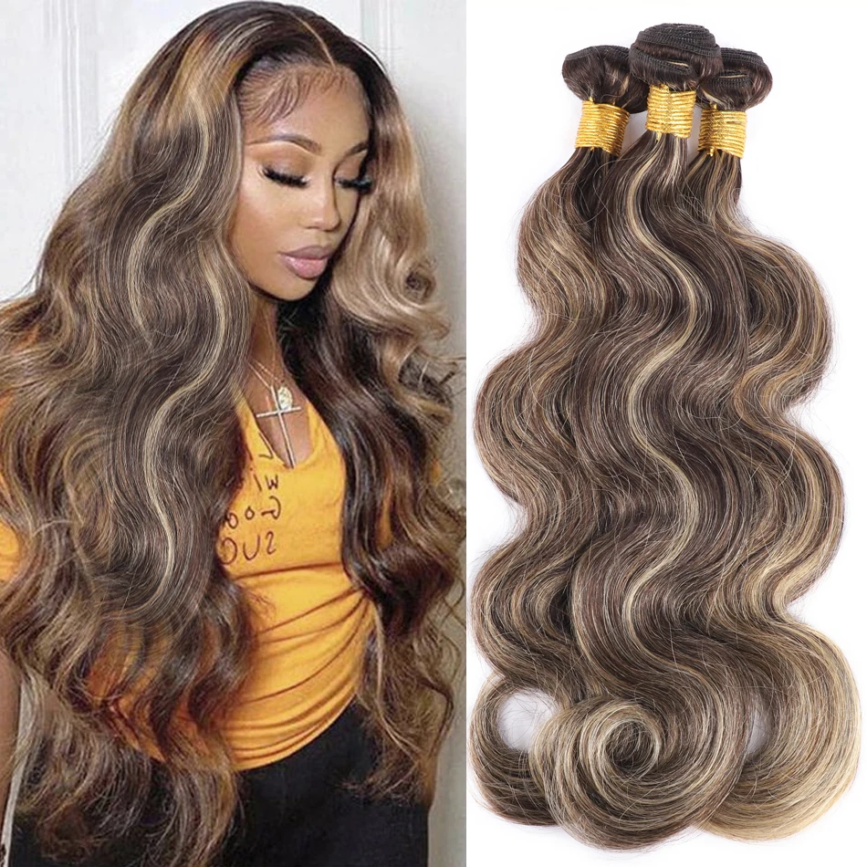 Brown Highlight Body Wave Human Hair Weave 3 Bundles Brazilian Remy Hair Ombre Blonde Human Hair Wavy Weaves Sew in Piano Color