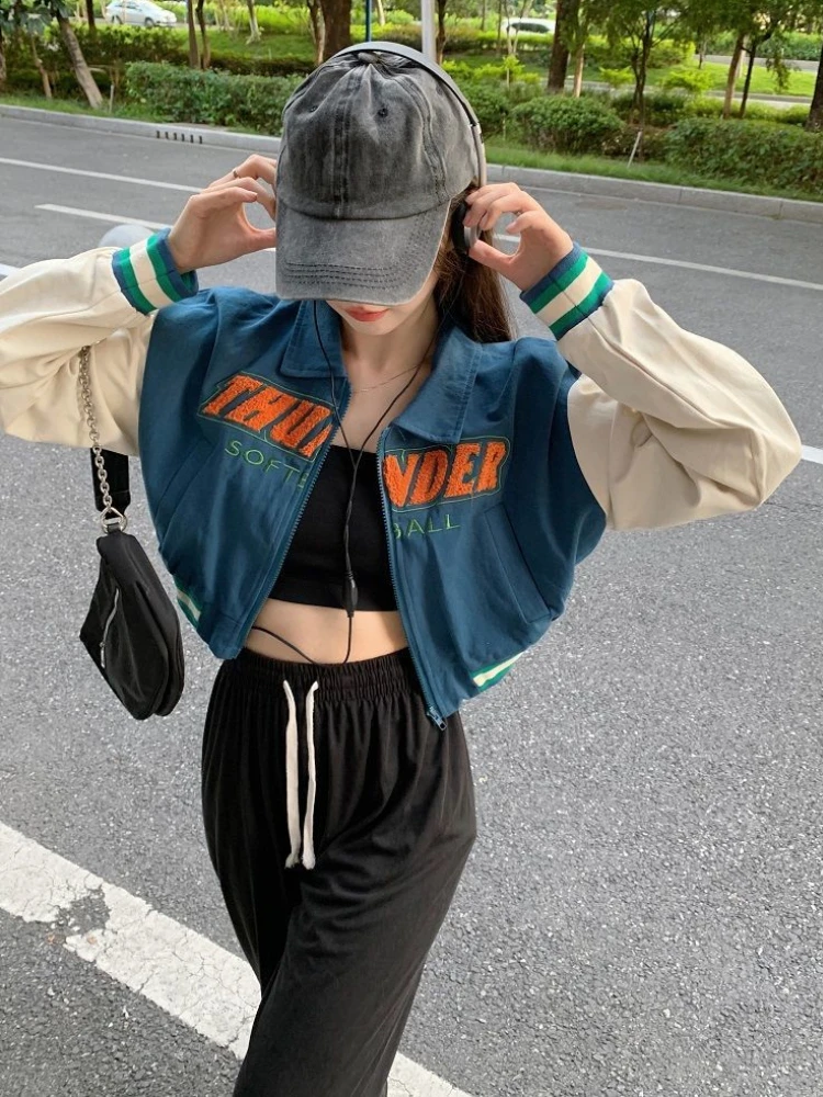 Harajuku Cropped Baseball Jackets Women Vintage Hip Hop BF Oversized Zipper Coats Korean Fashion Casual Varsity Jacket