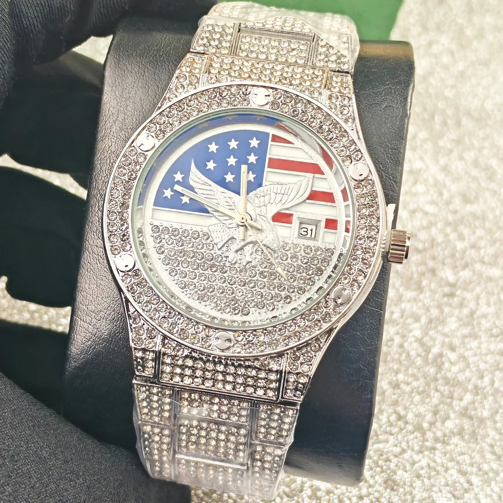 Hip Hop Iced Out Bling Flag Eagle Quartz Watch Mens Hip Hop Fashion Dial Luxury Full Diamond Wrist Watches Man AAA Clocks Reloj
