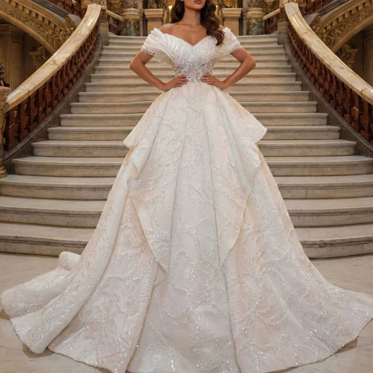 

Luxury Applique A-Line Wedding Dresses For Girls Bride Gowns Of Shoulder Beading 3D Flowers Vestido De Novia Customized