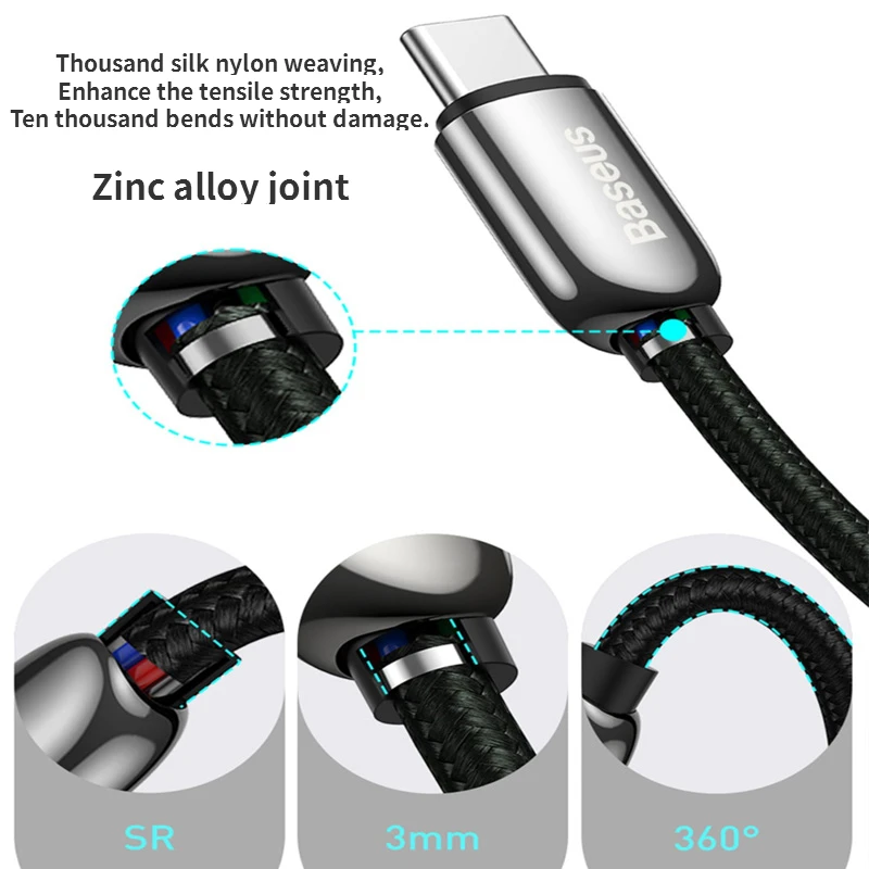 Baseus 100w Dual Head Type-C To Type-C Data Cable for Computer 480Mbps Fast Transfer Nylon Weaving Mobile Phone Charging Cable