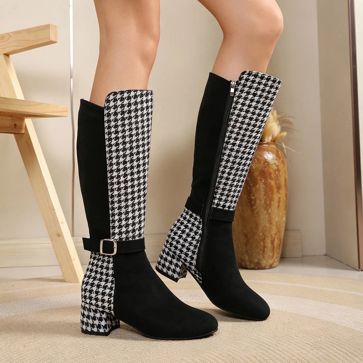 Women's Black Shoes Houndstooth Suede Knee High Boots Chunky Heel Metal Buckle Side Zipper Comfortable Fashion Casual boots