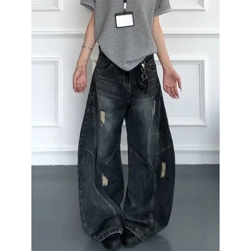 

Retro American Water Washed Distressed Straight Leg Jeans for Women Cleanfit High Street Sle Couple Banana Jeans Casual Pants