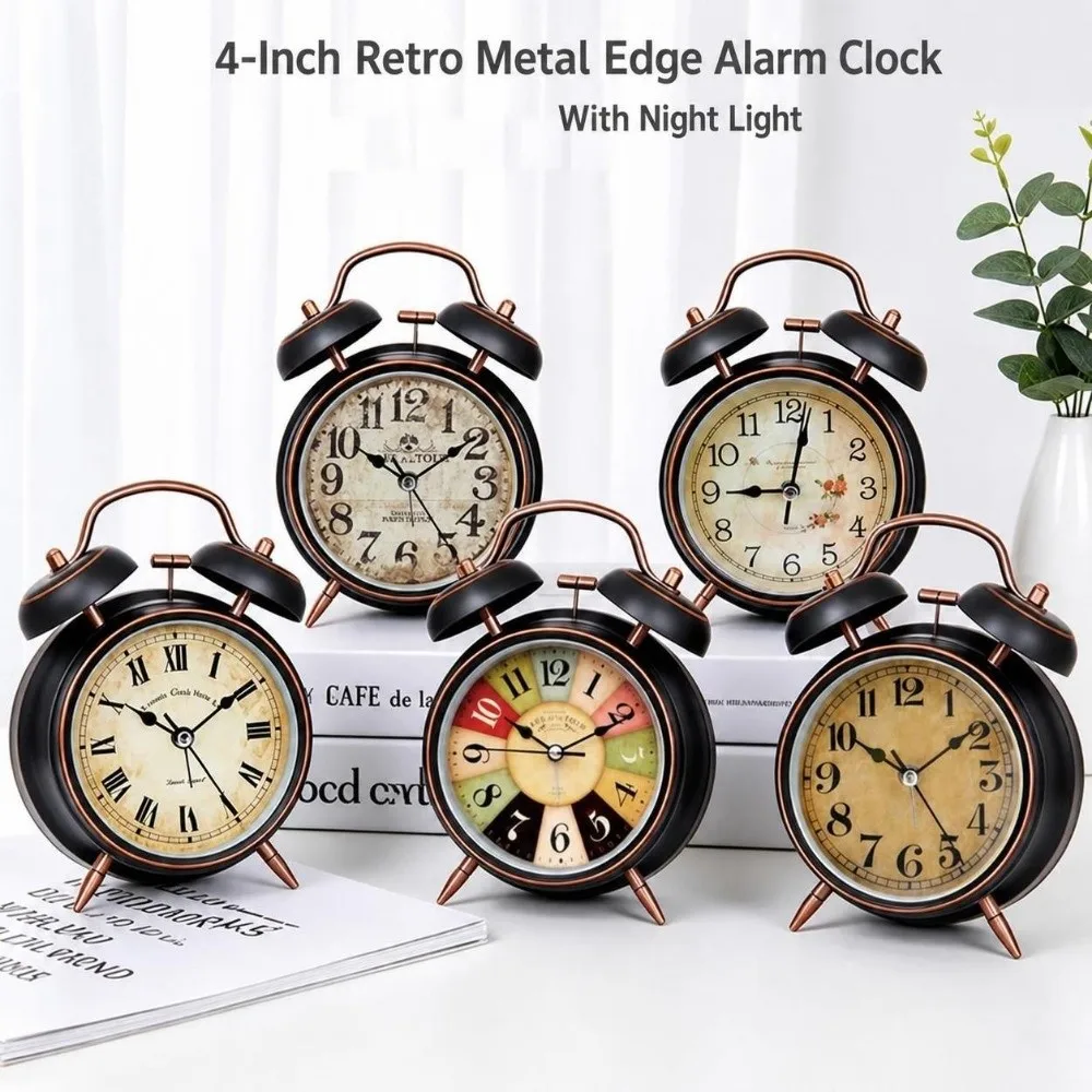 4 Inch Retro Alarm Clock Silent Movement with Night Light Desktop Clock Black&Gold Easy Operate Ringing Alarm Clock Office Desk