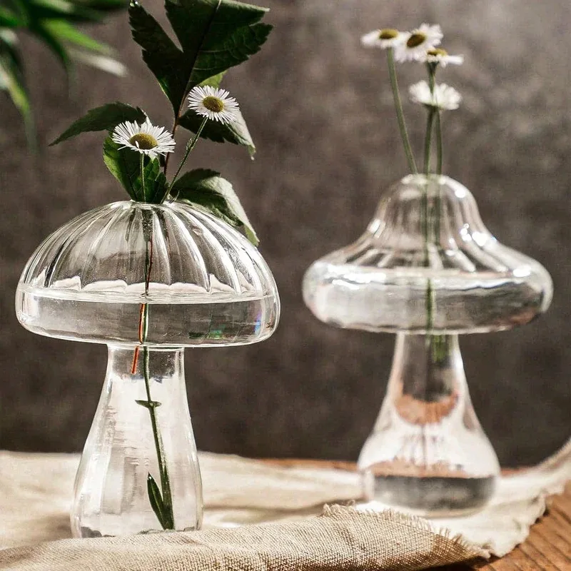 1pc Glass Flower Vase, Cute Clear Mushroom Design Vase For Home Decor