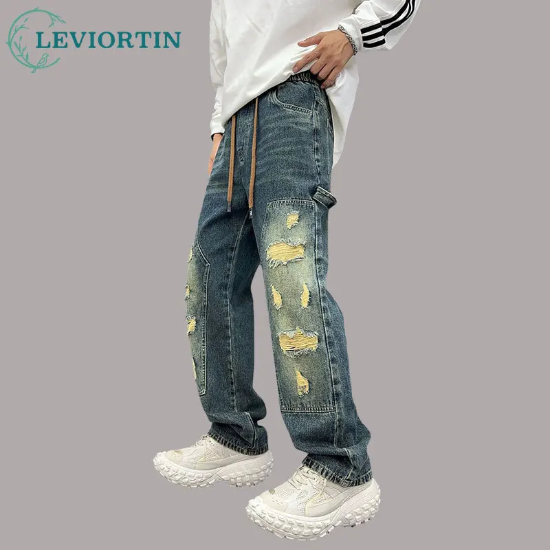 

High Street Jeans For Men With Ripped Holes Washed Worn Loose Straight Leg Denim Trousers Spring Autumn Couple's Niche Jeans