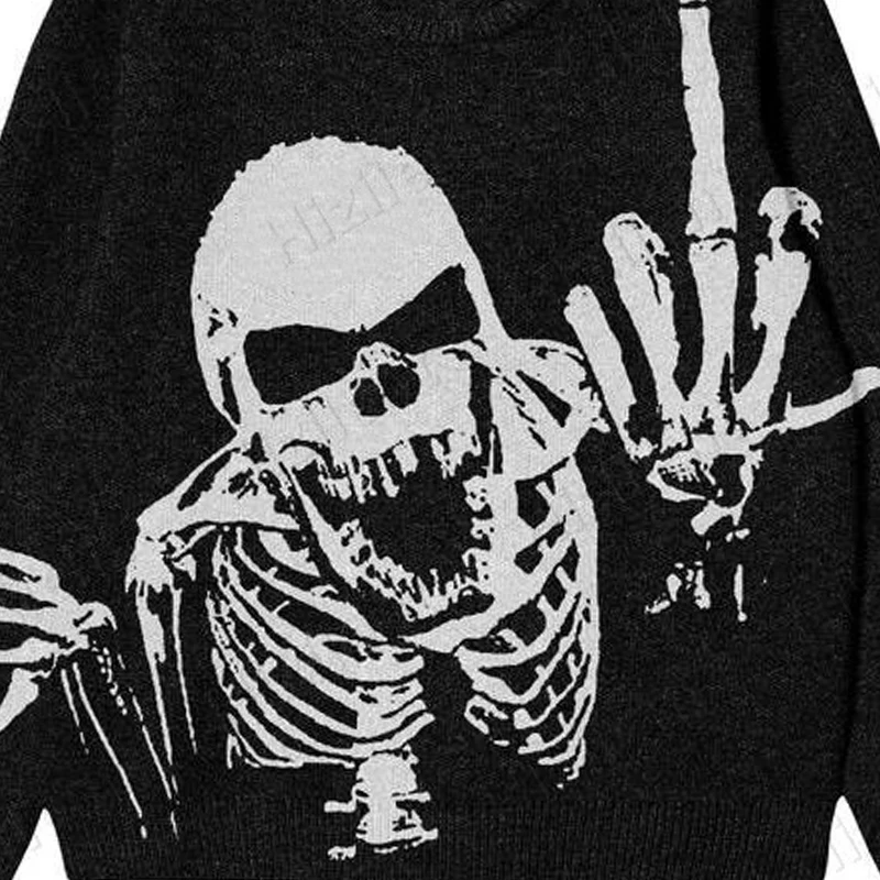 BIG PROMOTION Y2K European and American Autumn and Winter Men\'s Gothic Casual Black Loose Skeleton Print Vintage Knitted Sweater