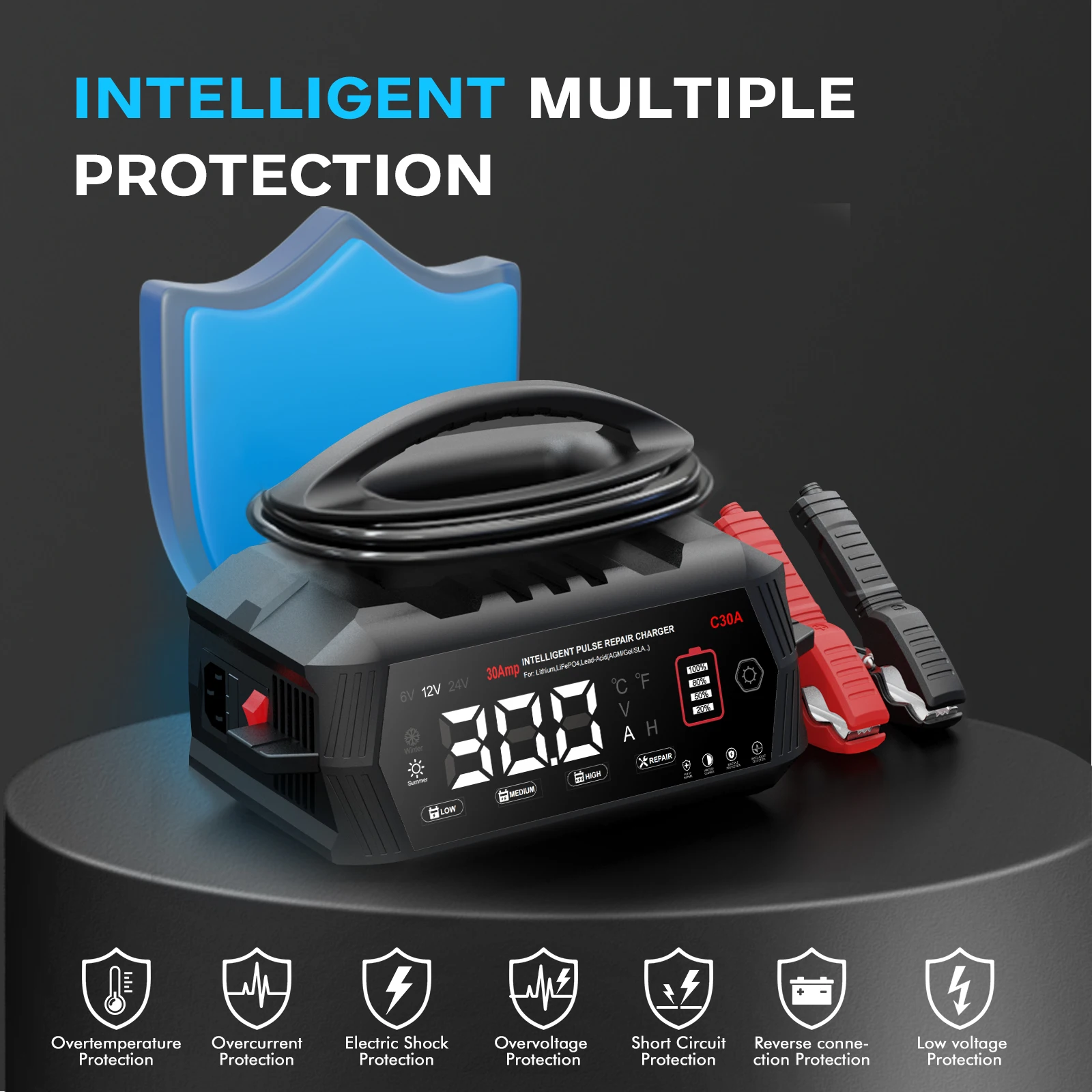 HTRC 6V/12V/24V Chytrá nabíječka 30A Nabíječka autobaterií pro lithiové, LiFePO4, olověné, AGM baterie Automatická nabíječka pro motocykly - náhled 4