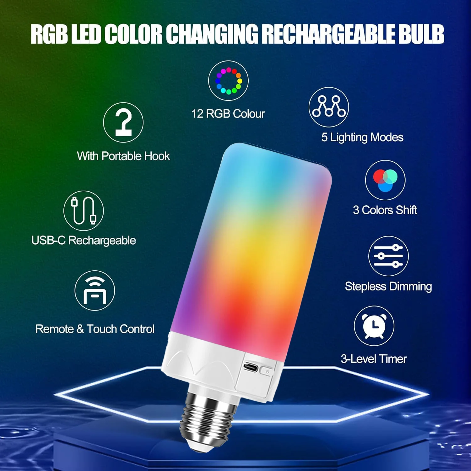 Rechargeable Emergency Light Bulb with Remote, Color Changing Battery Powered USB LED Bulbs 12 RGB Color Dimmable E27  for Power