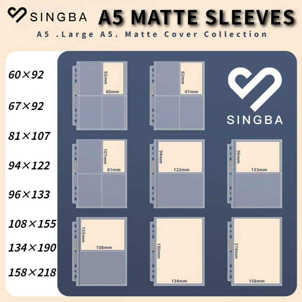 SINGBA Large A5 7-Hole Matte Card Binder Refills 20PCS Acid-Free CPP Multi-Size for KPOP Photocard Postcard Pokemon Sports Card