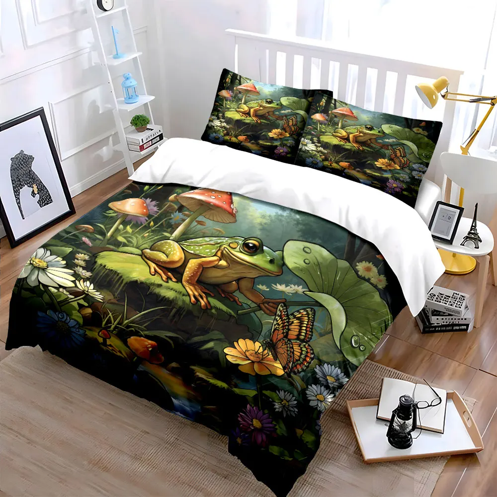 Frog and butterfly in serene forest Printed Duvet Cover Set1 Duvet Cover+2 PillowcaseMulti Size Bedroom Bedding Decoration