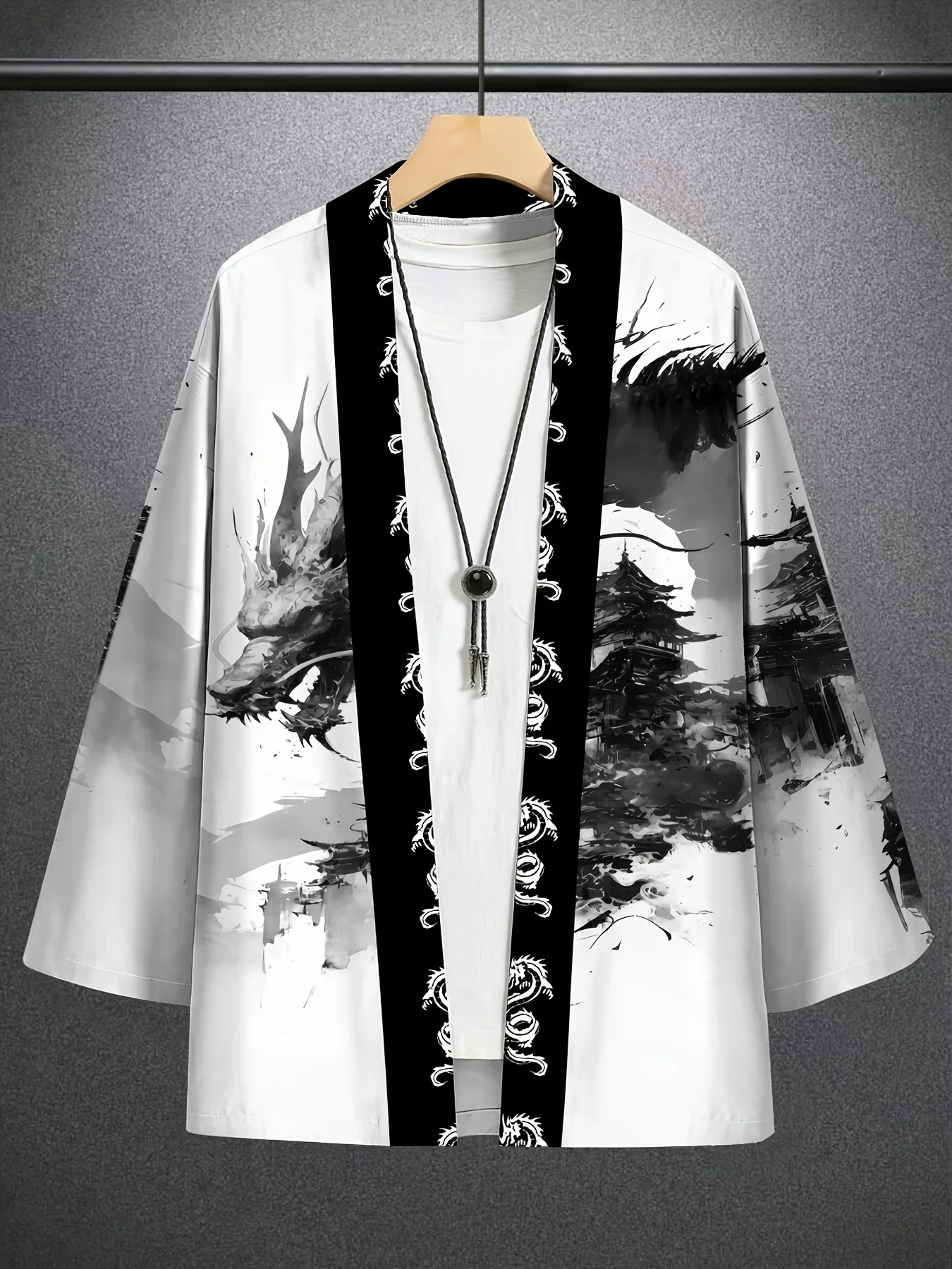 남성용 잉크 드래곤 토템 케이프 프린트 루즈핏 기모노 데일리웨어 남성용 일본 전통 기모노 남성용 케이프 기모노 스타일