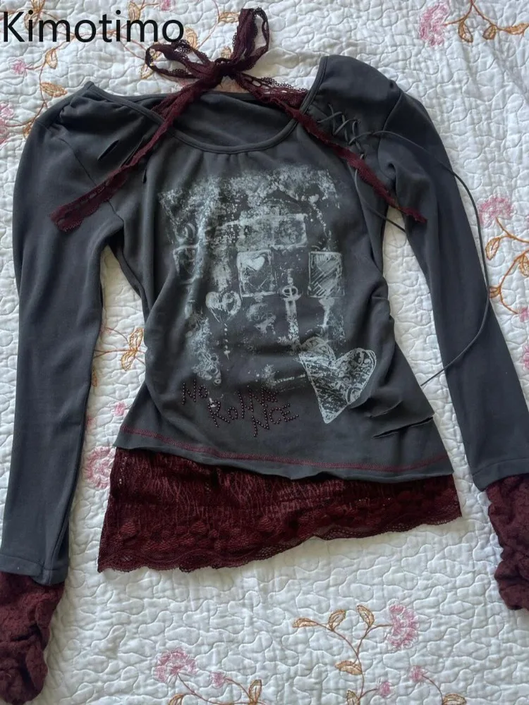 

Kimotimo Vintage Printed Lace Patchwork Long Sleeve T-shirts Women Autumn Y2k Aesthetic Lace Up Slim Fit Waist Tops Gothic Tees