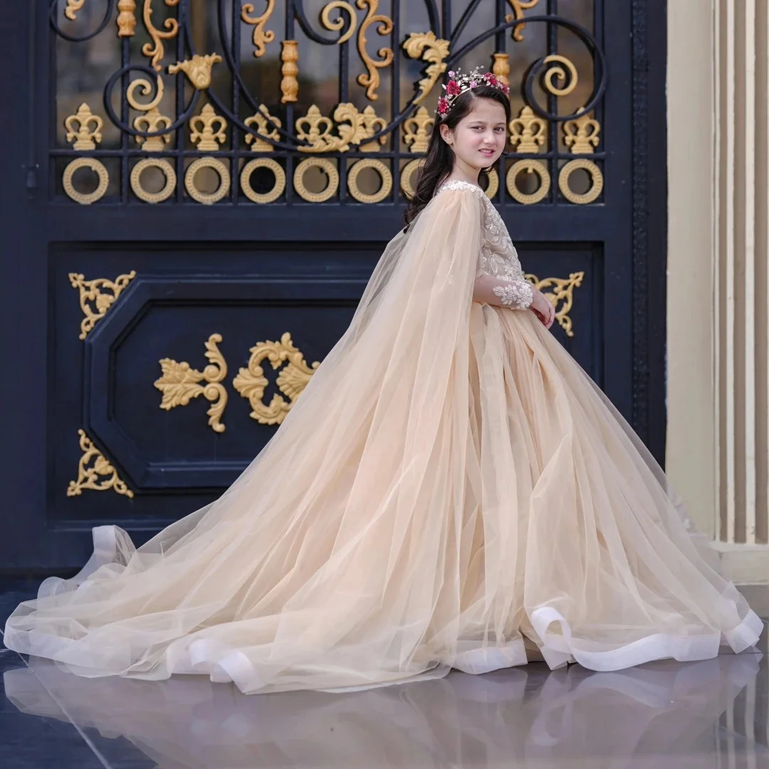 Vestido champanhe personalizado para meninas, vestido de tule com xale de manga comprida para festa de aniversário de casamento, vestido de comunhão sagrada
