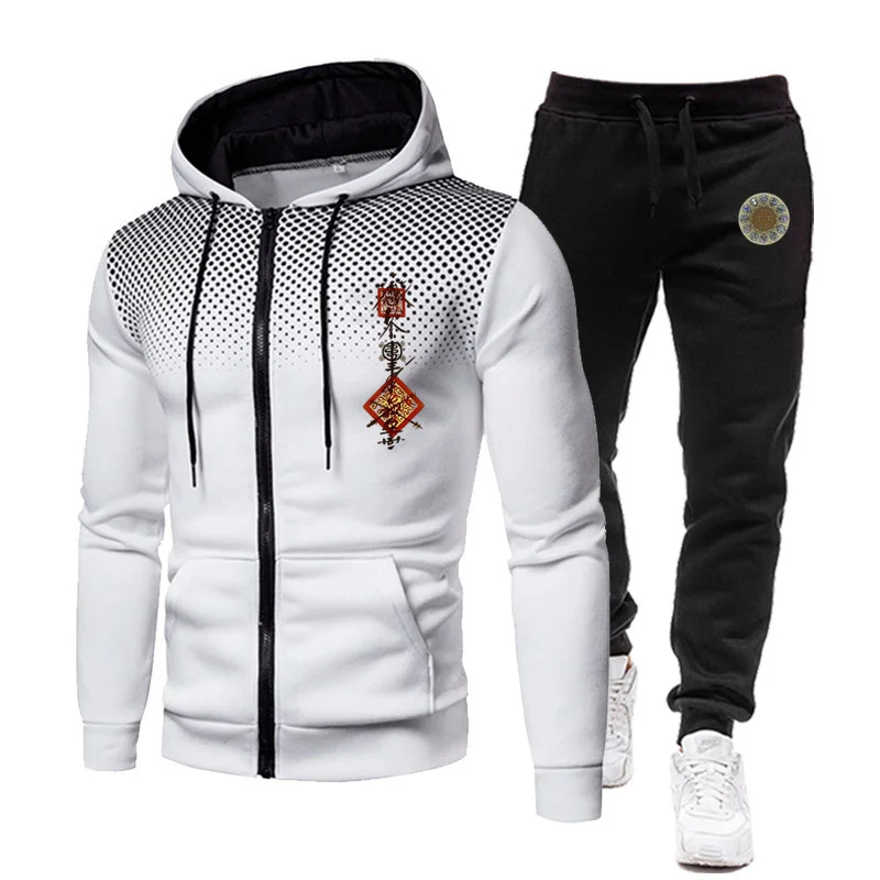 Men\'s autumn and winter fashionable printed sportswear, two-piece zippered sweater and sports pants, casual fitness jogging set