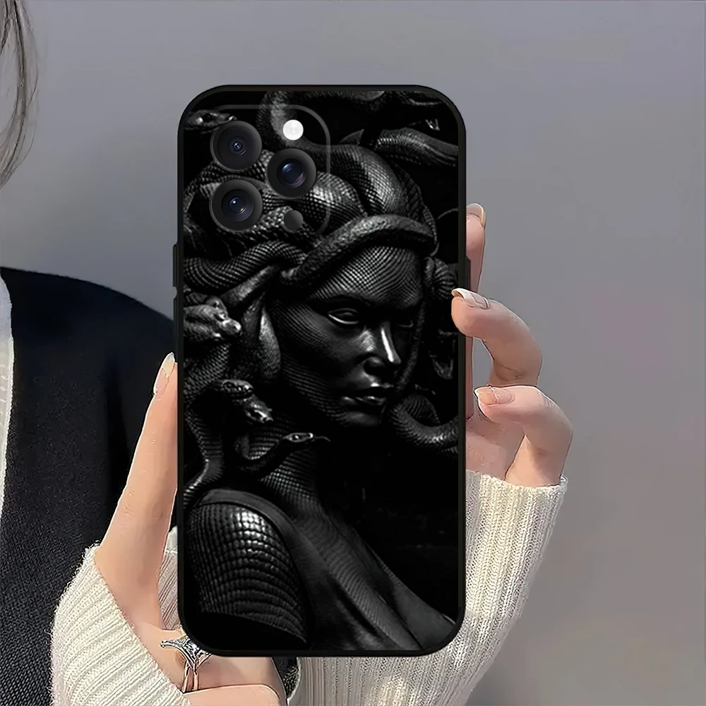 Ancient Greek Medusa Art Mythology Phone Case for iPhone 12 11 14 15 13 16 Max Plus Pro Black Soft Silicone Cover