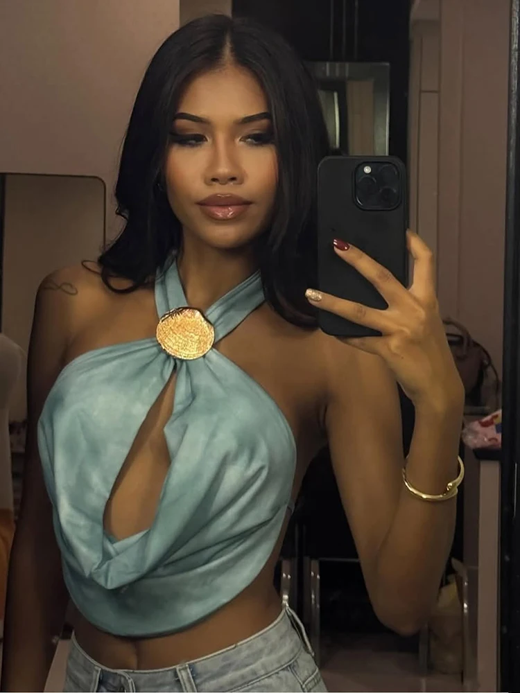 Camisola con cuello Halter de concha de gato extraño para mujer, camisola sin espalda con cuello oscilante de satén sedoso, ropa para discoteca de medianoche, camisetas sin mangas ajustadas para vacaciones en la playa