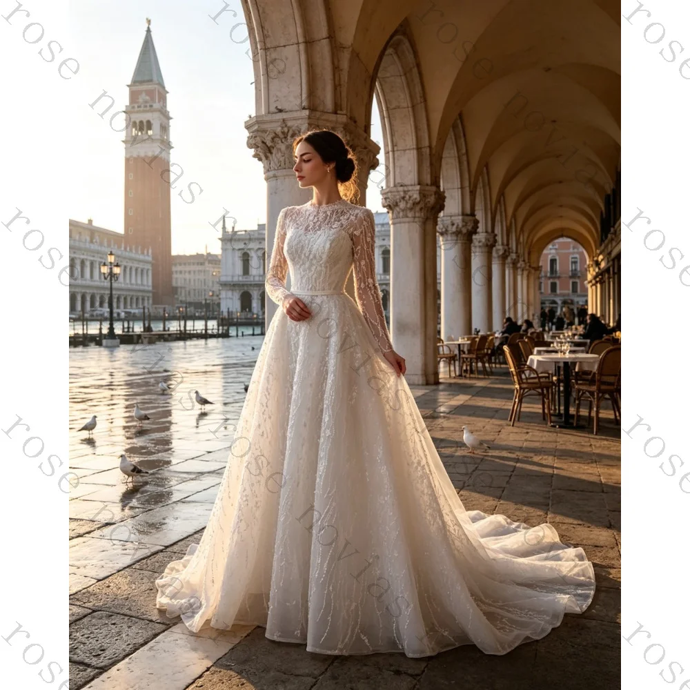 Customized Vintage Lace Long Sleeved A-line Wedding Dress Transparent High Neck and Shiny Pleated Bridal Gown 2026 New Style