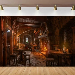 Medieval Tavern Photography Backdrop For Wooden Interior Candle Light Fireplace Ancient Inn Bar Restaurant Background For Party