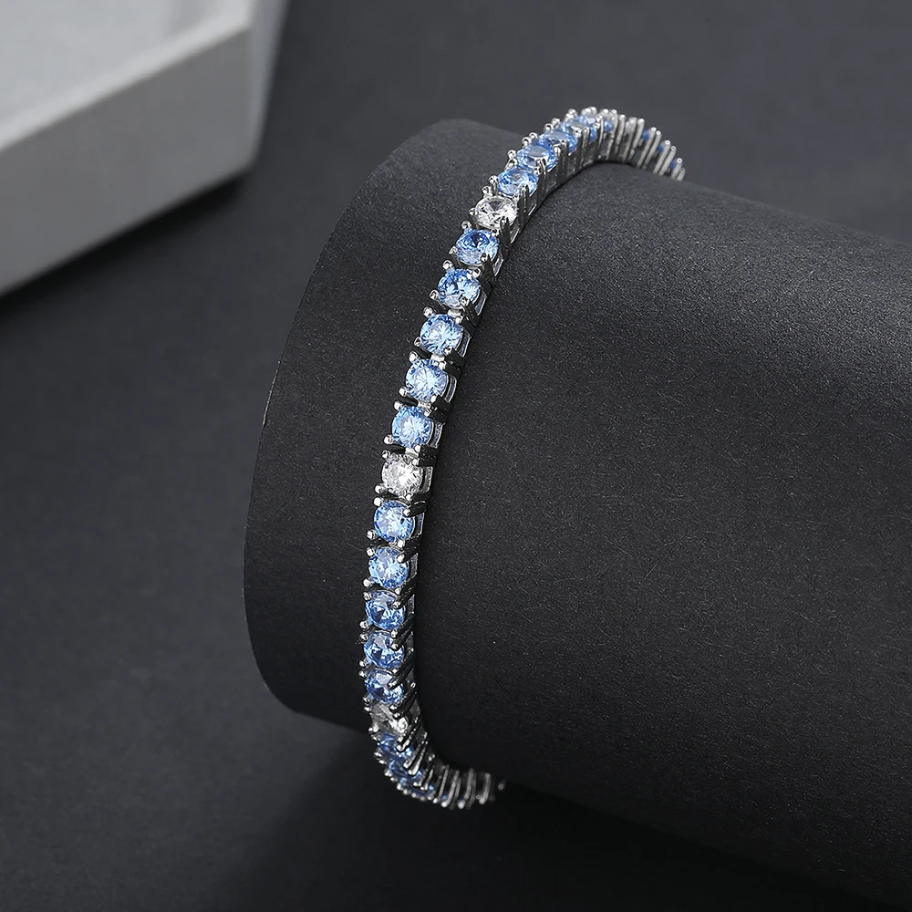 Real 925 Silver Tennis Bracelet Pave 3 mm of 5 Aquamarine Blue Mix 1 White Cubic Zircon Fine Jewelry Chain