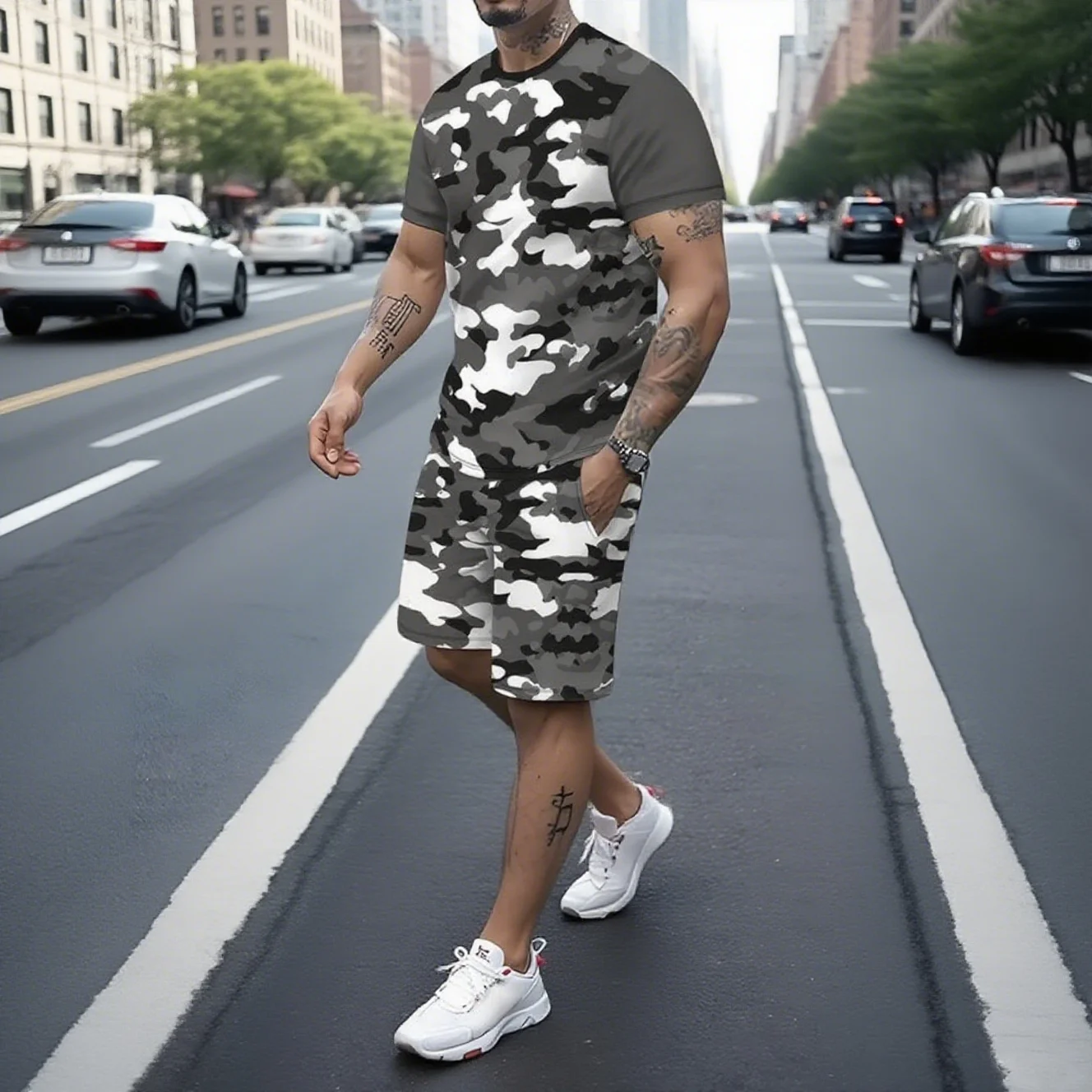 

Summer Outdoor Men's T-Shirt Pants Suit O Neck Short Sleeve Casual Pullover Street Oversized Clothing Drawstring Pocket Shorts