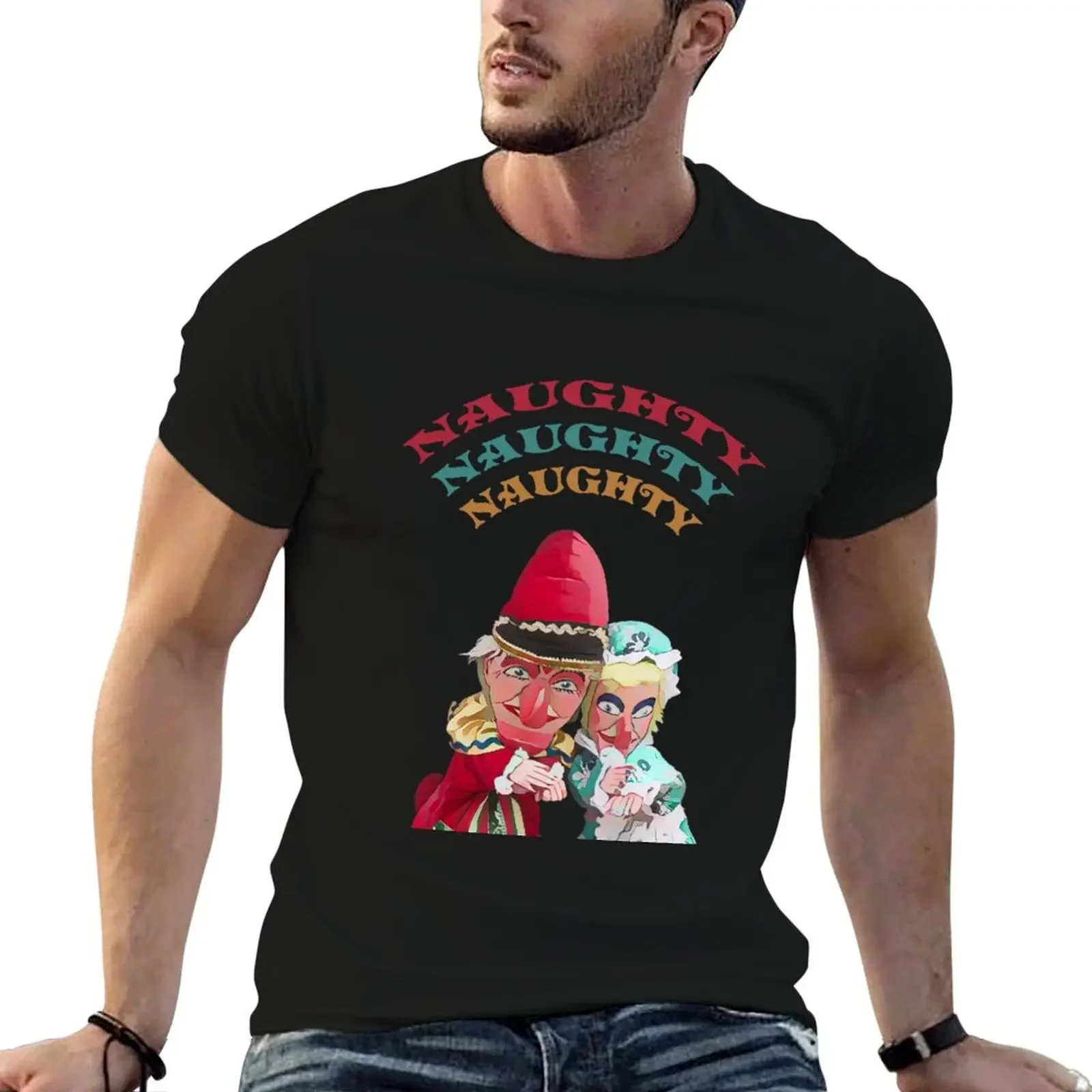 

Traditional Punch and Judy puppets with Naughty Naughty Naughty text. White Background T-Shirt man clothes t shirts for men