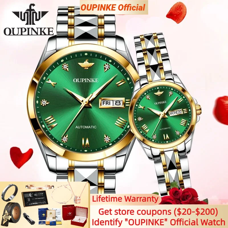 OUPINKE Original Men Watch Automatic Mechanical Sapphire Crystal Waterproof Women Watch Couple Watch Bracelet Set Watch for Man
