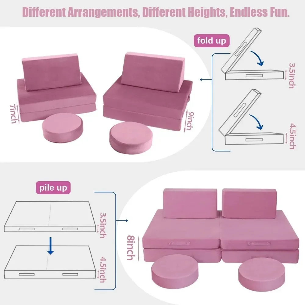 Kids Couch Sofa Modular Toddler Couch For Playroom, 8-Piece Fold Out Baby Couch Play Set, Children Convertible Sofa Foam