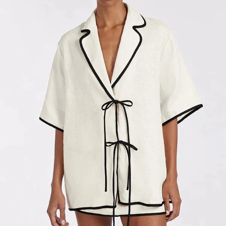 2026 New Cotton Casual Contrasting Color Hip Skirt Set Women's Lapel Five-quarter Sleeve Lace-up Cardigan Top Two-piece Set New
