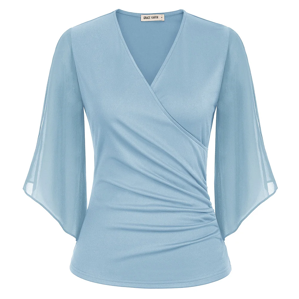 Grace Karin-Tops de retazos de gasa para mujer, blusa elegante de manga corta con cuello en V, color liso, 3/4