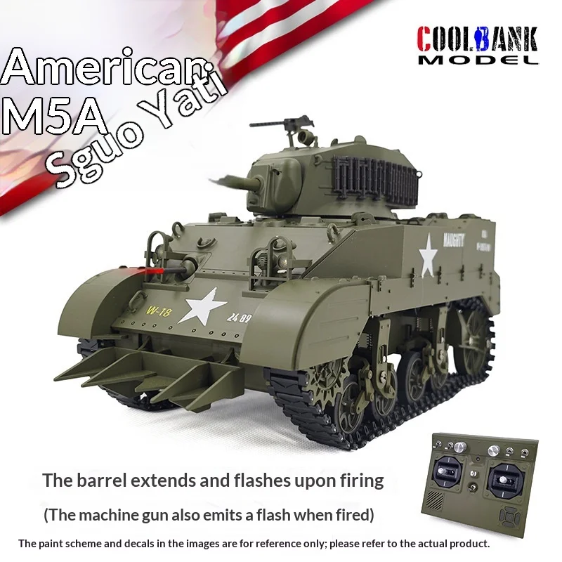Kubingke M5A1 Stuart Tracked RC Tank 360 Degree Turret Rotation Electric Tank Outdoor Interactive Toy for Friends Gathering