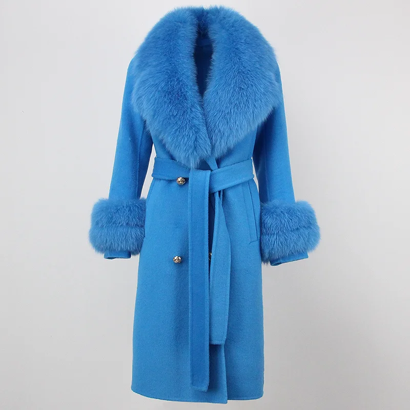 

MENINA BONITA 2023 X-Long Winter Jacket Women Natural Fox Fur Collar Cuffs Real Fur Coat Cashmere Blends Wool Warm Outerwear