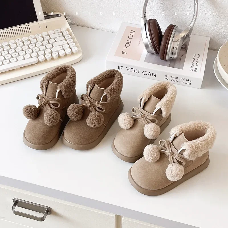 Girls Fleece-lined Snow Boots Warm Outdoor Winter Cotton Shoes Kids Soft Sole Short Boots Fleece-lined Non-slip Shoes Children