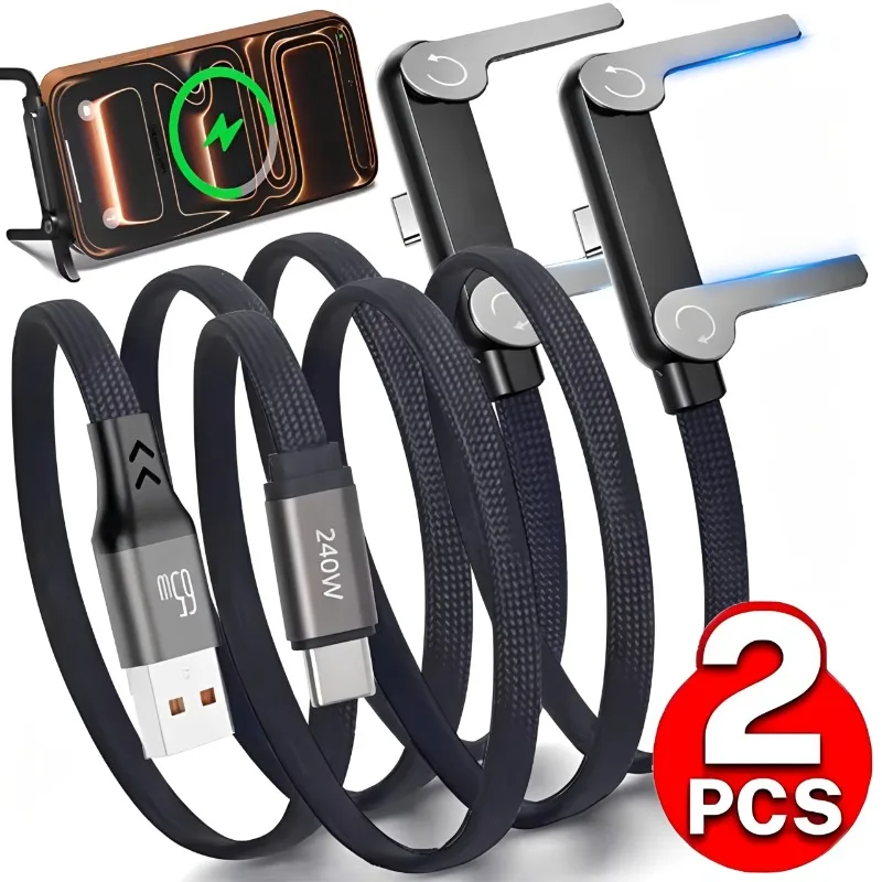 1-2Pcs Multifunction 240W High-speed Quick Charging USB Type C Cable Wire with Folding Phone Stand for iPhone 17 16 Samsung S26